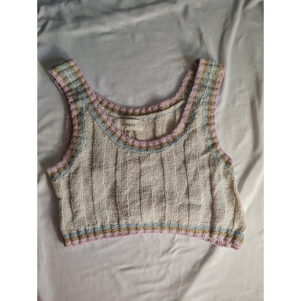 L*Space Womens Knit Crop Tank Top Cream Striped Ribbed Sleeveless MD RN130061